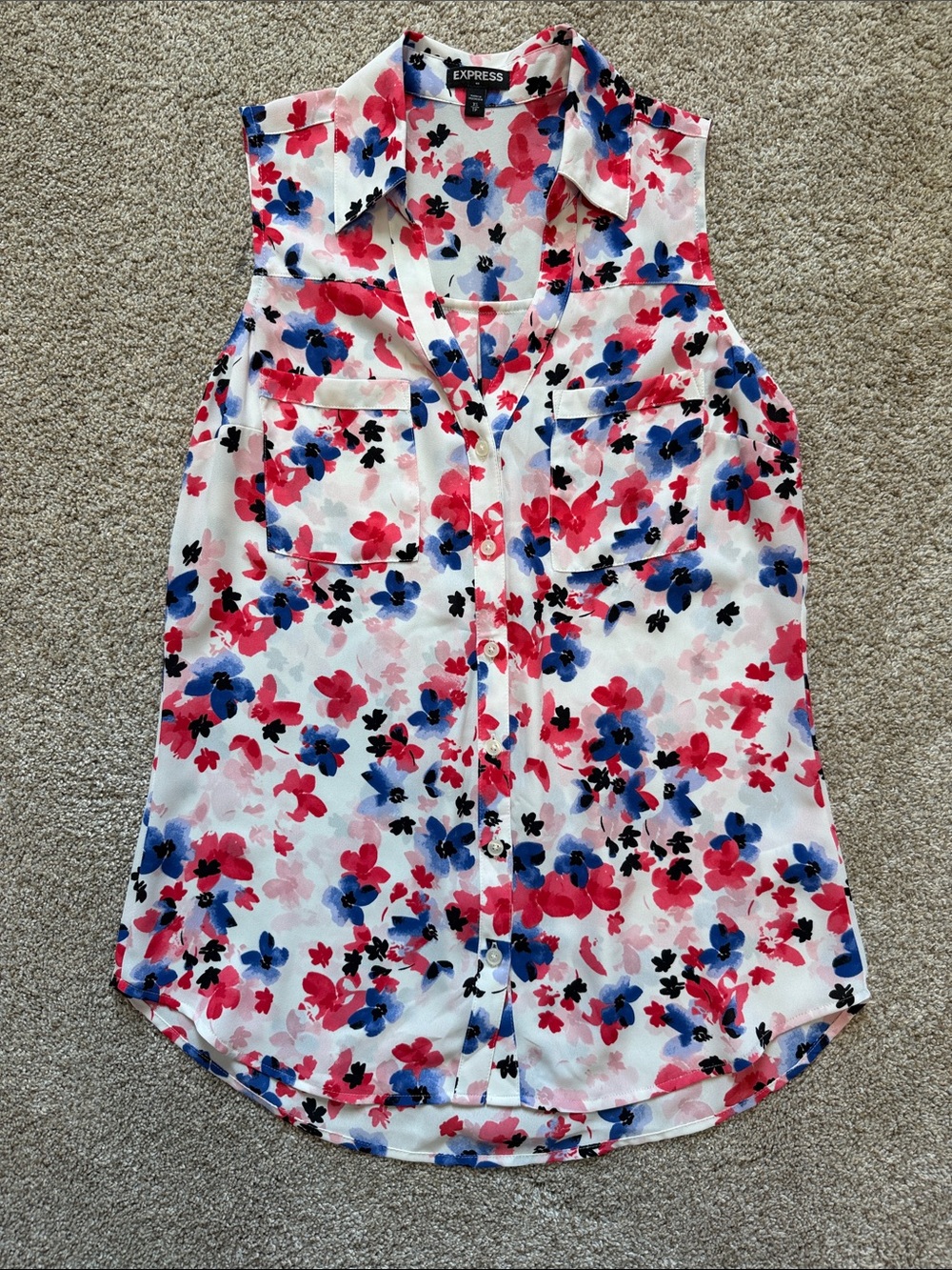 Express White Sleeveless Floral Button-Up Top with Pink & Blue Print
